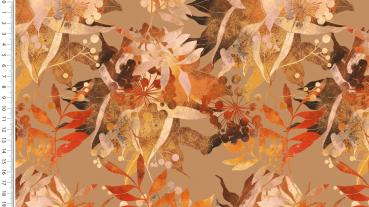 Viskose Jersey Druck Blüten und Blätter auf Senf/Terrakotta